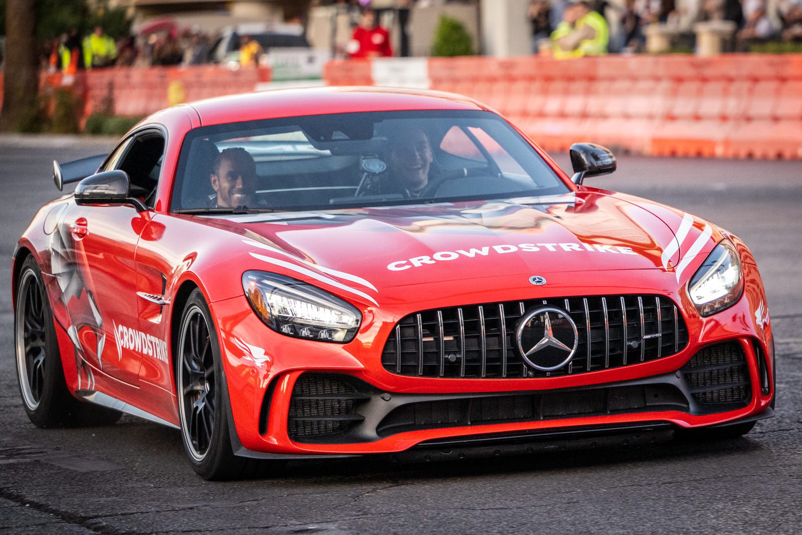 George Russell drives Lewis Hamilton in the FIA Safety Car on track during the Formula 1 Las Vegas Grand Prix 2023 launch party on November 05, 2022 on the Las Vegas Strip in Las Vegas, Nevada