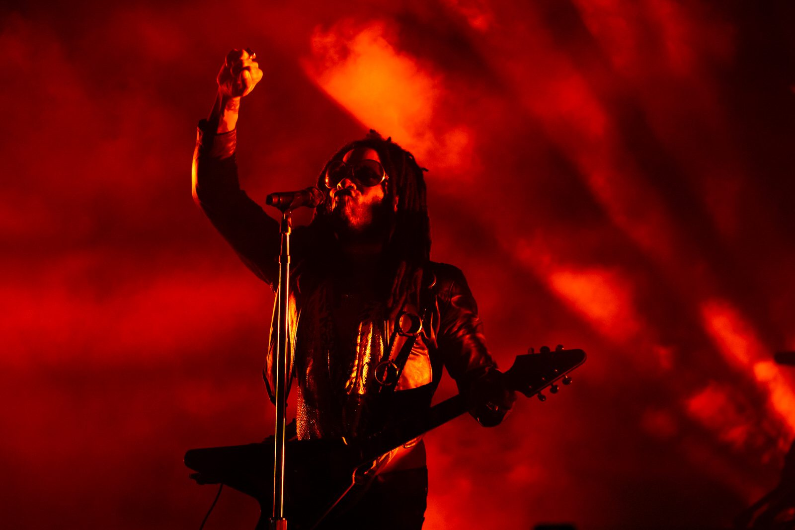 Rocker Lenny Kravitz sings and plays guitar during the Blue Electric Light Las Vegas residency at Dolby Live at the Park MGM in Las Vegas, NV on October 25, 2024.