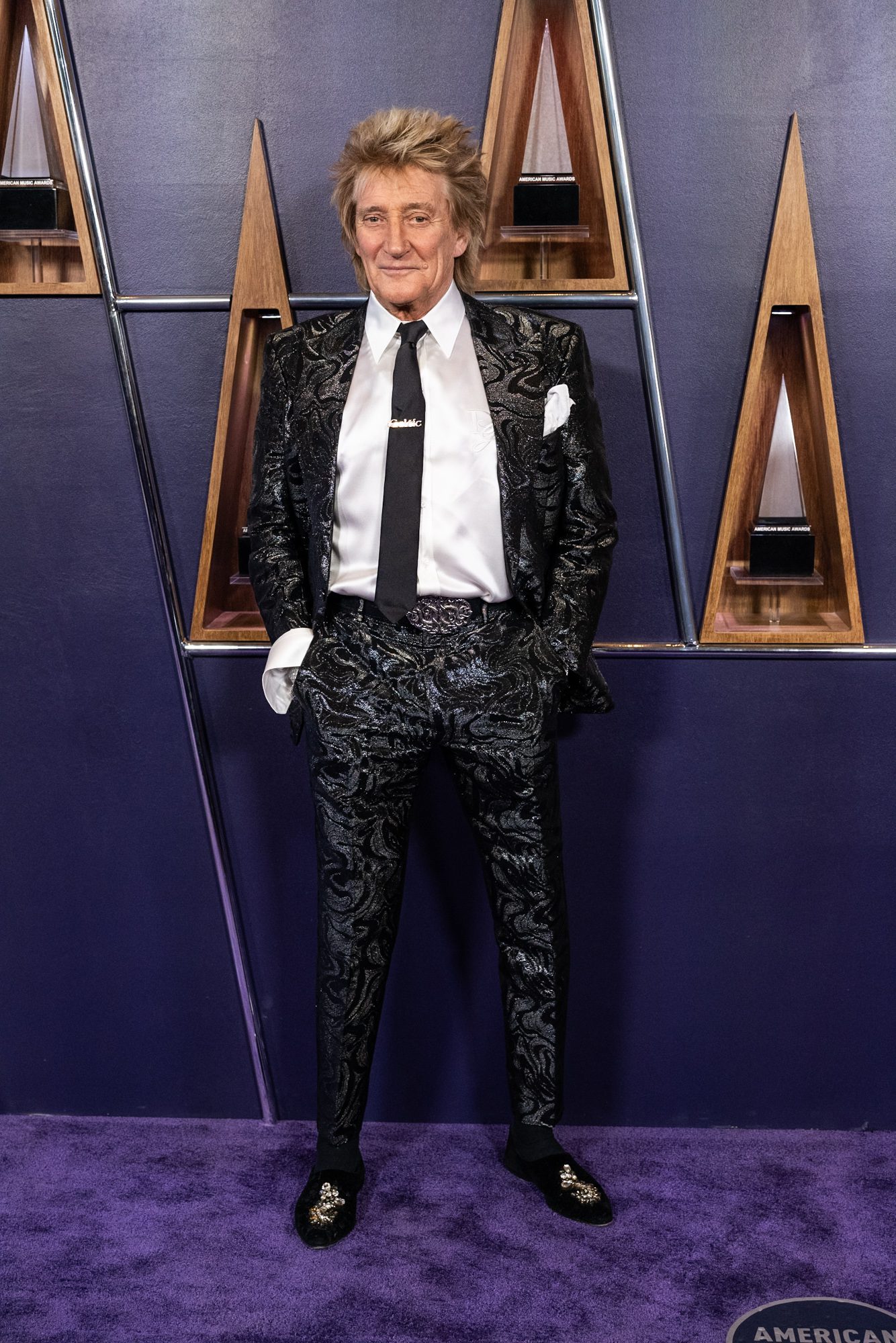 Rod Stewart smiling on the red carpet at the American Music Awards in a patterned black suit and tie.