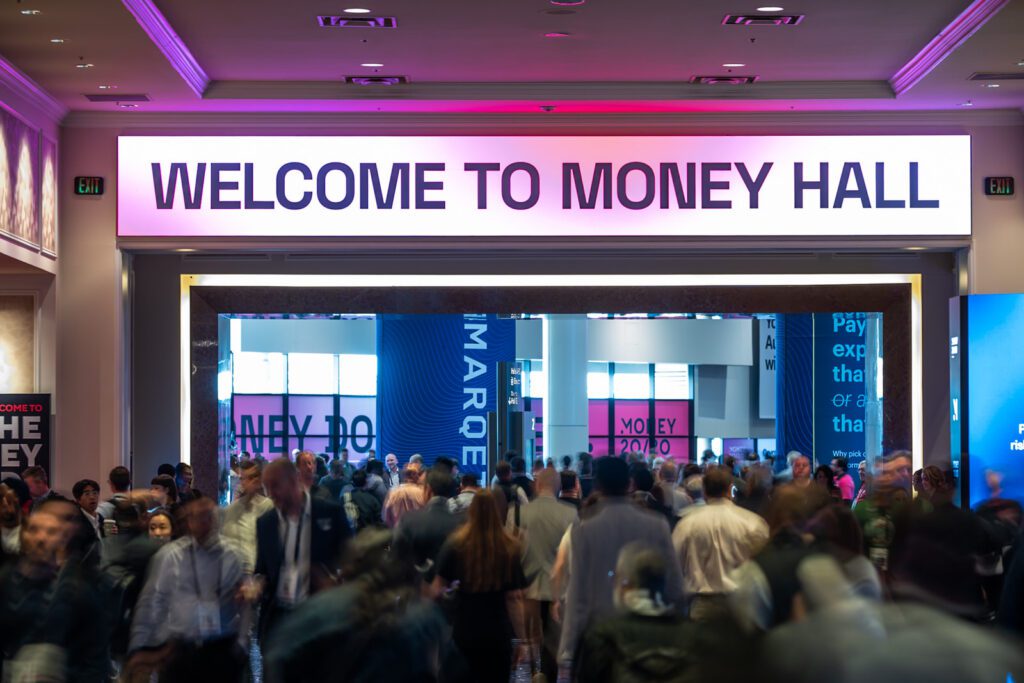 Attendees entering Money20/20 at the Las Vegas Convention Center during a busy conference day