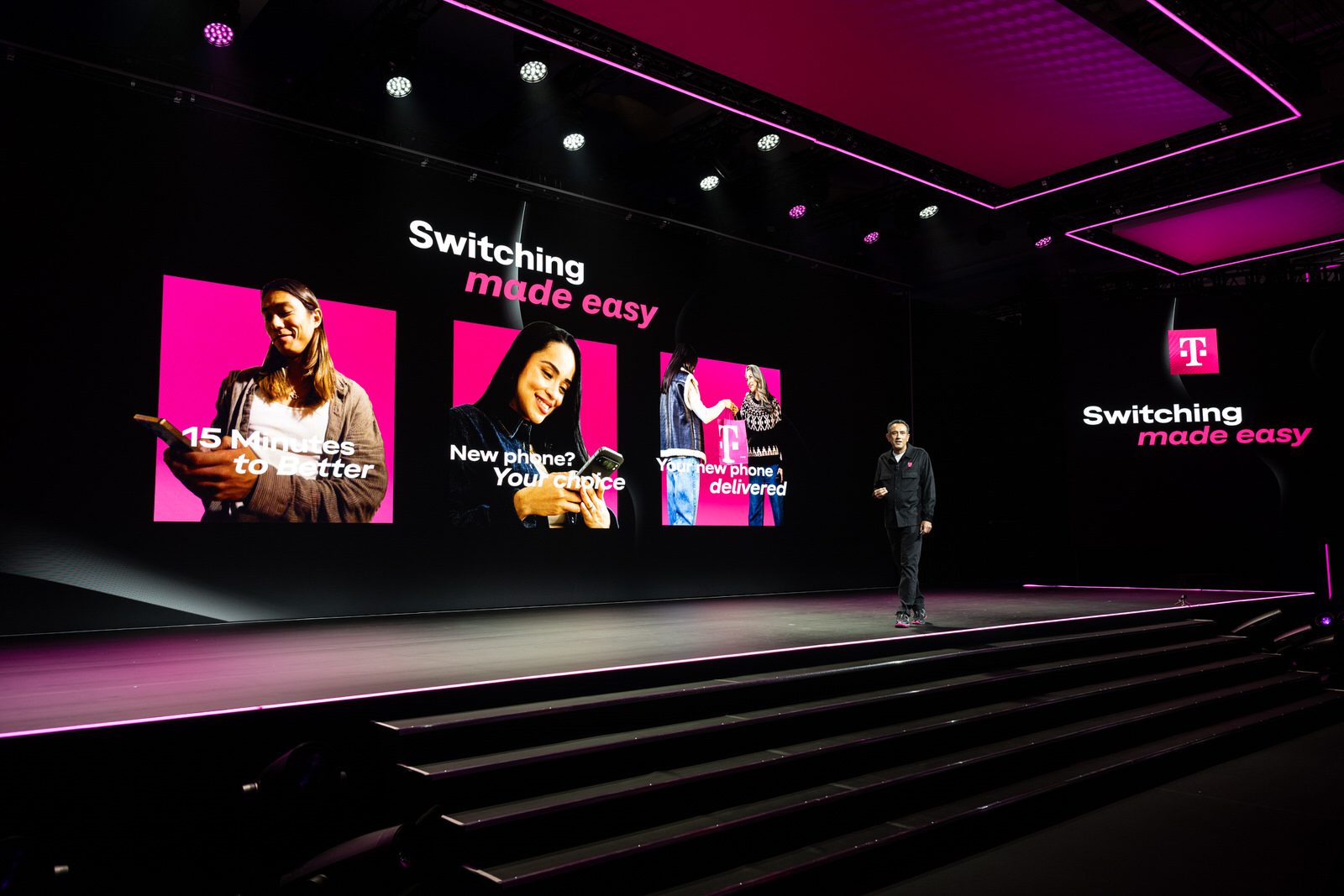 Keynote presentation during T-Mobile’s Switching Made Easy announcement, featuring brand visuals and stage lighting.