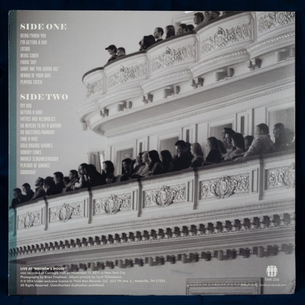 Carnegie Hall balcony audience view during Bill Burr performance in black and white