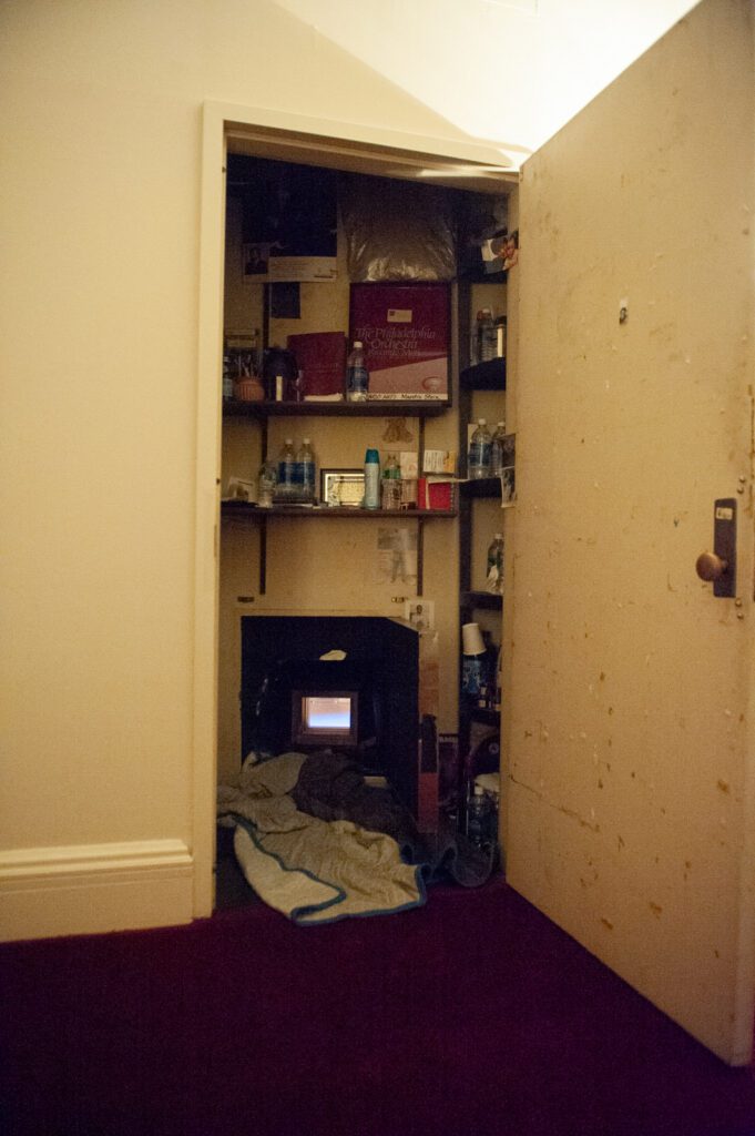 Hidden backstage viewing window inside Carnegie Hall used to photograph Bill Burr’s performance