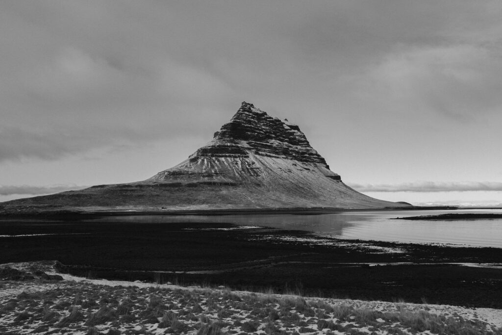 Kirkjufell mountain with reflection, Iceland black and white