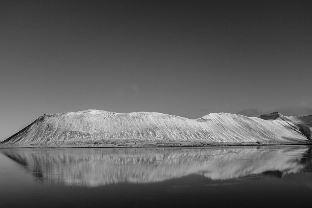 Kirkjufell mountain reflection Iceland black and white