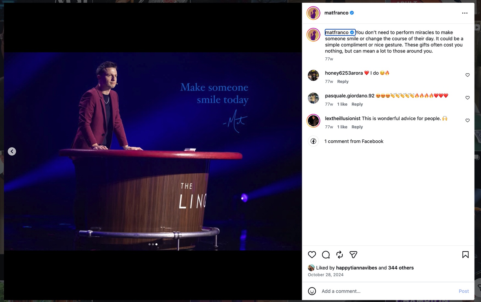 Brian Friedman photograph of Mat Franco in a burgundy jacket leaning on the round Linq Theater stage table with the projected message “Make someone smile today —Mat” behind him, used as the closing frame of his Instagram carousel.
